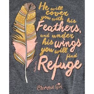 Cherished Girl Psalm 91:4 Feather Graphic T-Shirt Womens Medium Gray Sparkle